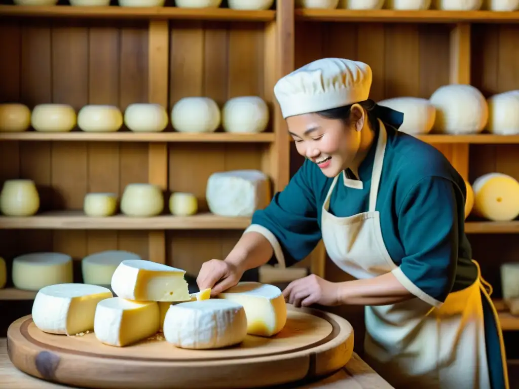 Artesanos asiáticos moldeando queso fresco a mano en una quesería tradicional, mostrando la diversidad cultural de las queserías del mundo