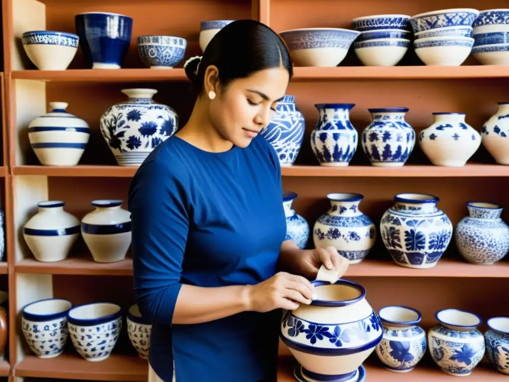 Artesanos pintando cerámica de Talavera, destacando la fusión de arte y funcionalidad en cada pincelada