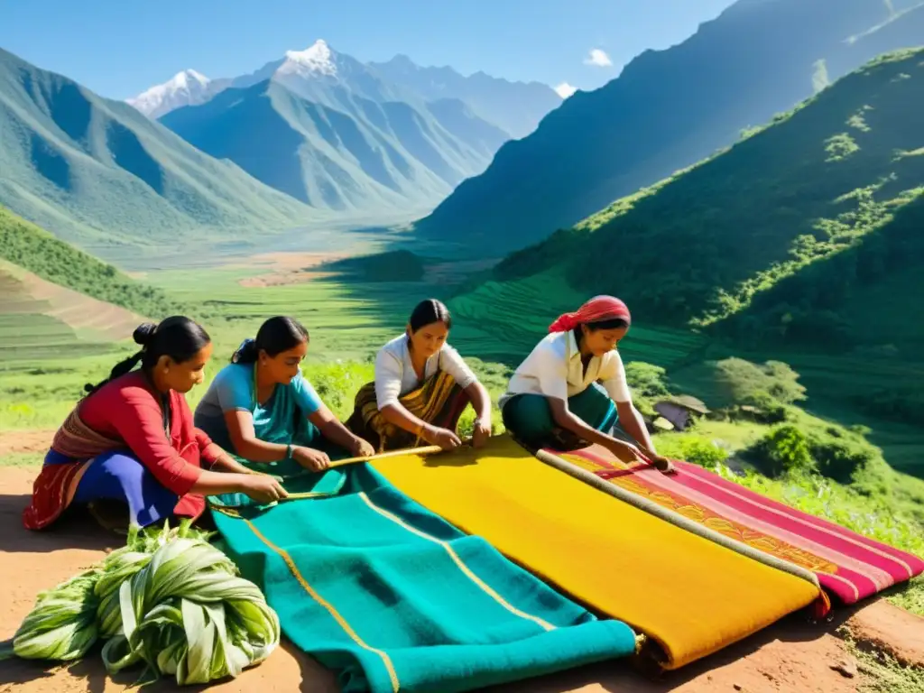 Artesanos en comunidad tejiendo textiles coloridos con técnicas tradicionales, rodeados de tintes naturales y montañas verdes