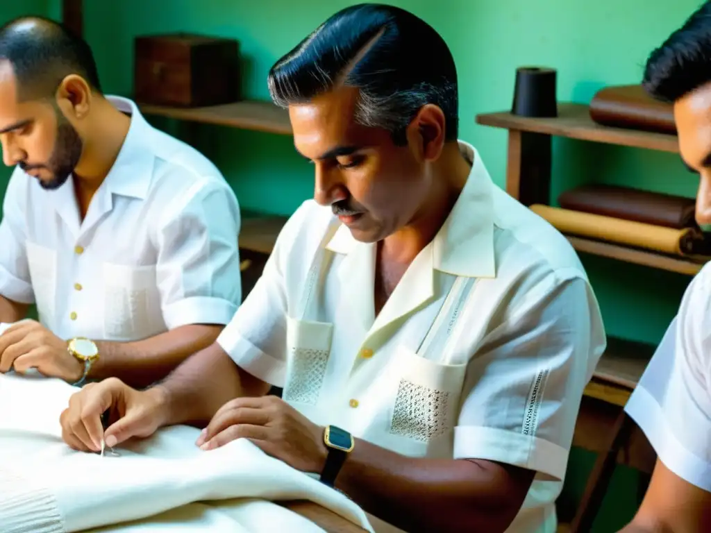 Artesanos cubanos cosiendo con precisión guayaberas: tradición cultural cubana mundial