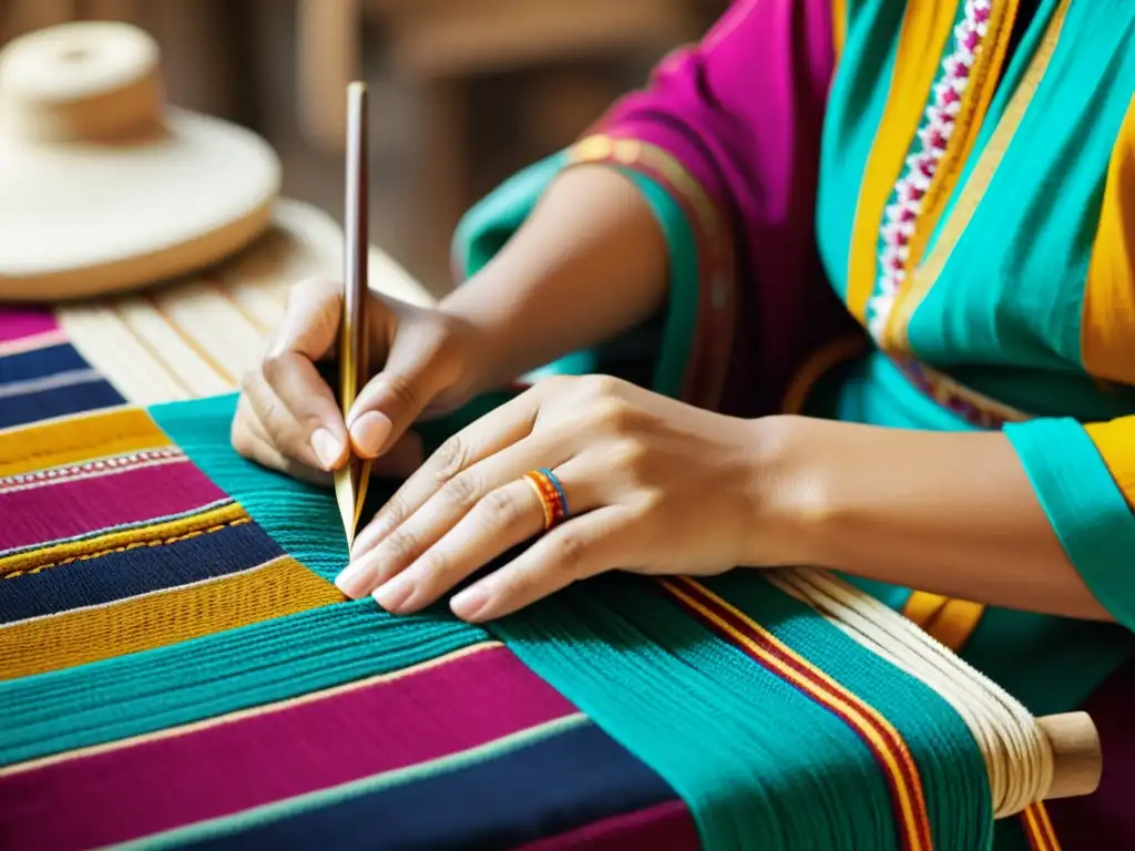 Artesanos de diferentes culturas tejiendo moda étnica artesanal global con detalles intrincados y vibrantes colores