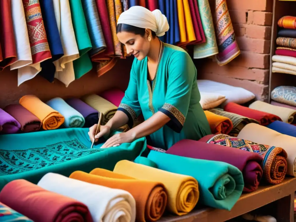 Artesanos crean una Djellaba tradicional del norte de África en un bullicioso mercado de Marrakech, mostrando su rica artesanía y colores vibrantes