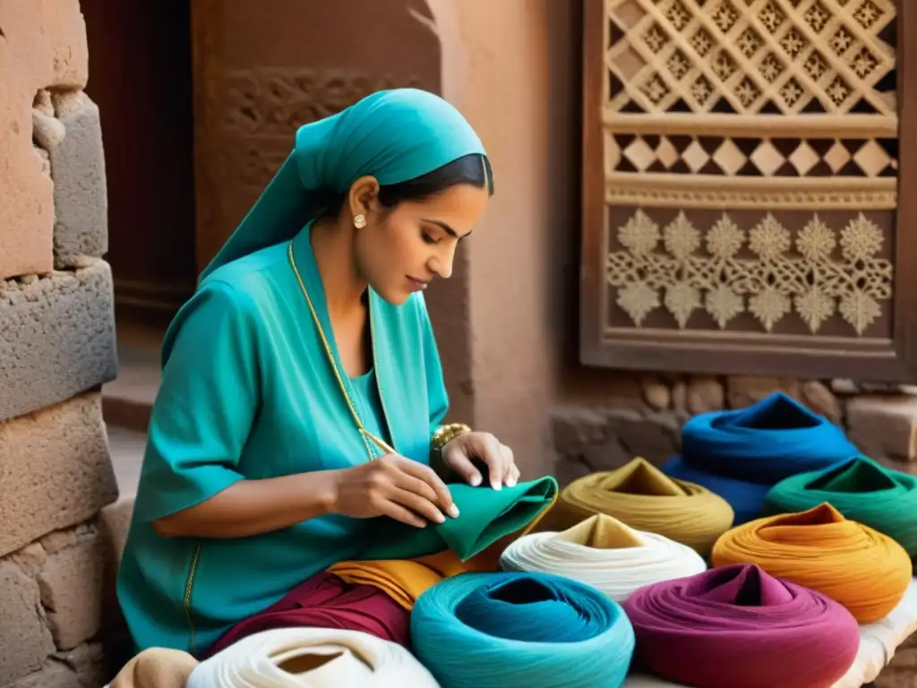 Artesanos creando djellabas tradicionales del norte de África en la bulliciosa medina de Marrakech, destacando su artesanía y significado cultural