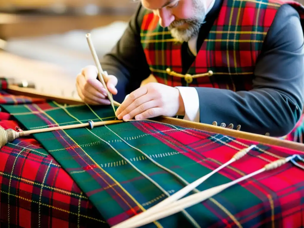 Artesanos escoceses con trajes tradicionales cosen kilts a mano rodeados de telas a cuadros