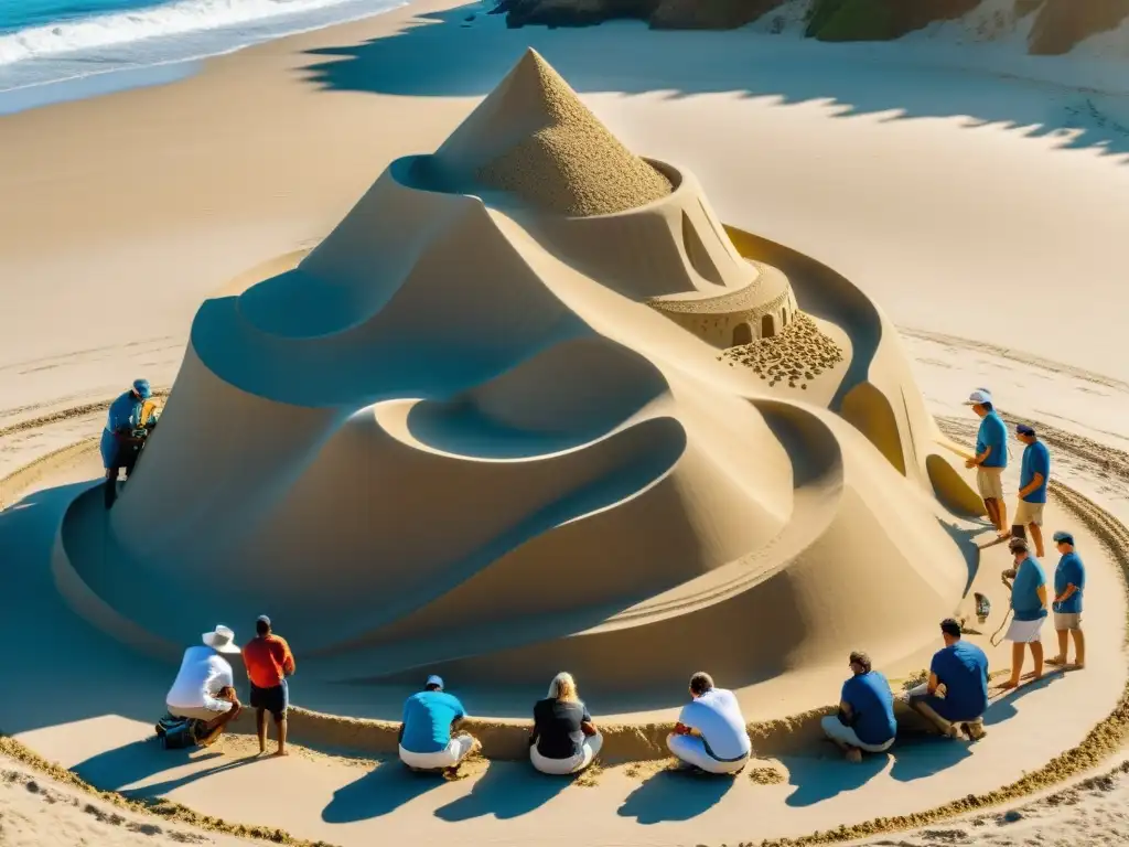 Artesanos crean escultura de arena en la playa del Pacífico, mostrando tradición esculturas arena Pacífico