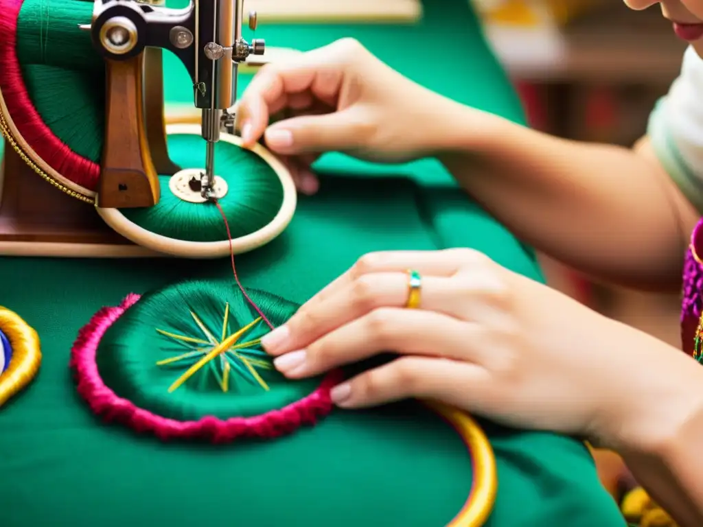 Artesanos expertos crean bordados tradicionales moda global con hilos vibrantes en un taller inmersivo y colorido