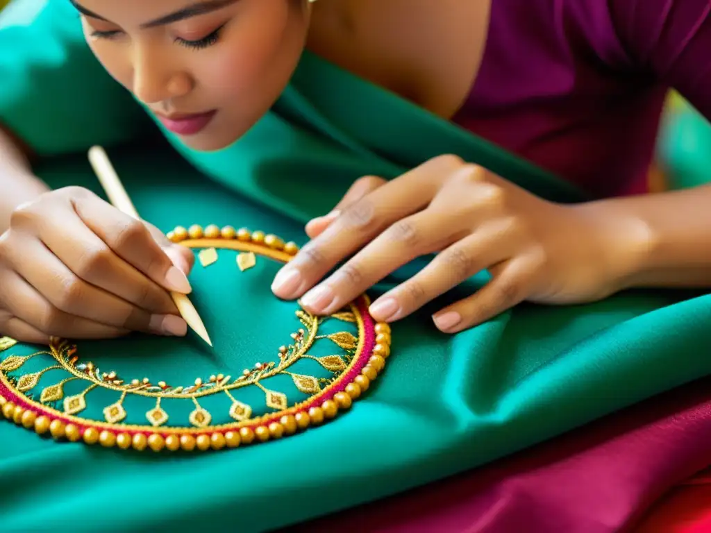 Bordado artesanal de alta costura: tradición y destreza Artesanos expertos bordando patrones intrincados en lujosa tela, destacando la artesanía de técnicas ancestrales en alta costura