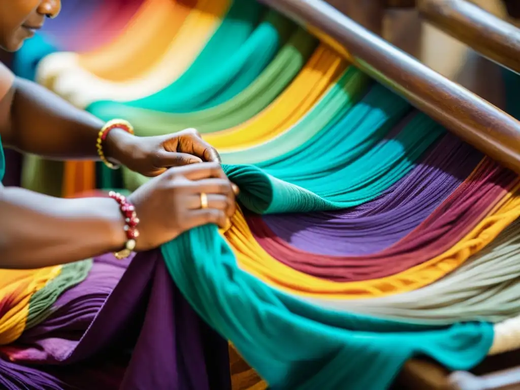 Artesanos expertos tiñen tela de lujo con técnicas ancestrales Artesanos expertos en técnicas ancestrales alta costura tiñen con destreza telas de lujo, creando patrones vibrantes y elegantes