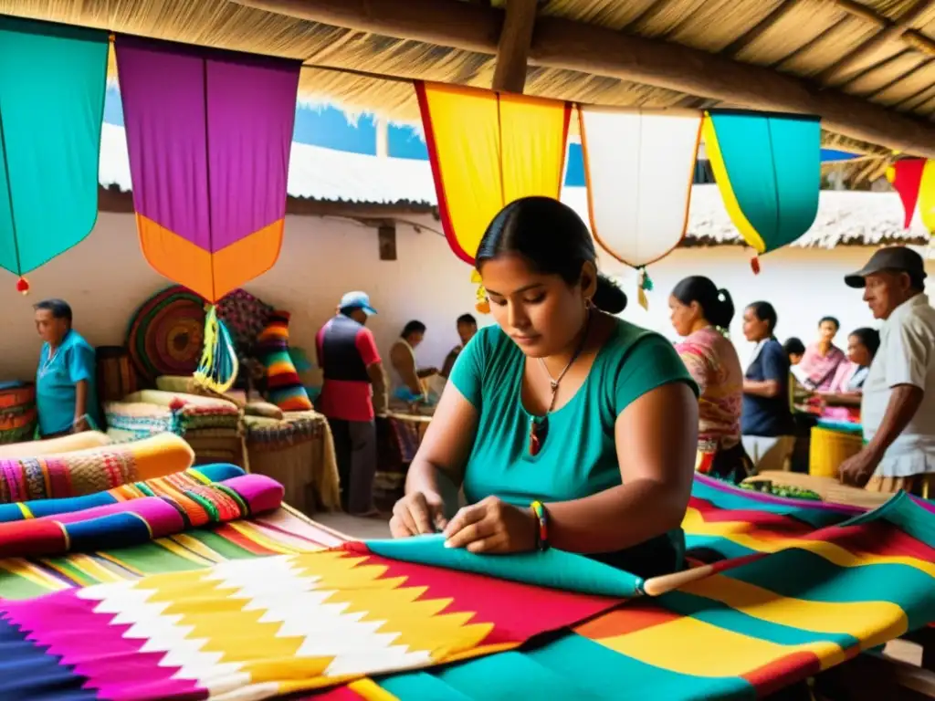 Artesanos guatemaltecos confeccionando barriletes coloridos en mercado