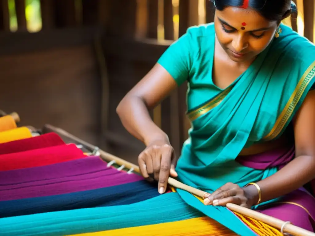 Artesanos hábiles tejiendo textiles coloridos en un taller tradicional de la India, mostrando la historia de la industria textil India