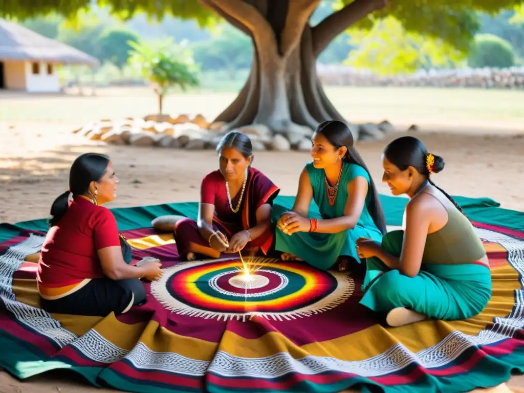 Artesanos indígenas crean moda étnica apoyando comunidades locales, tejiendo juntos bajo un árbol, reflejando su herencia cultural