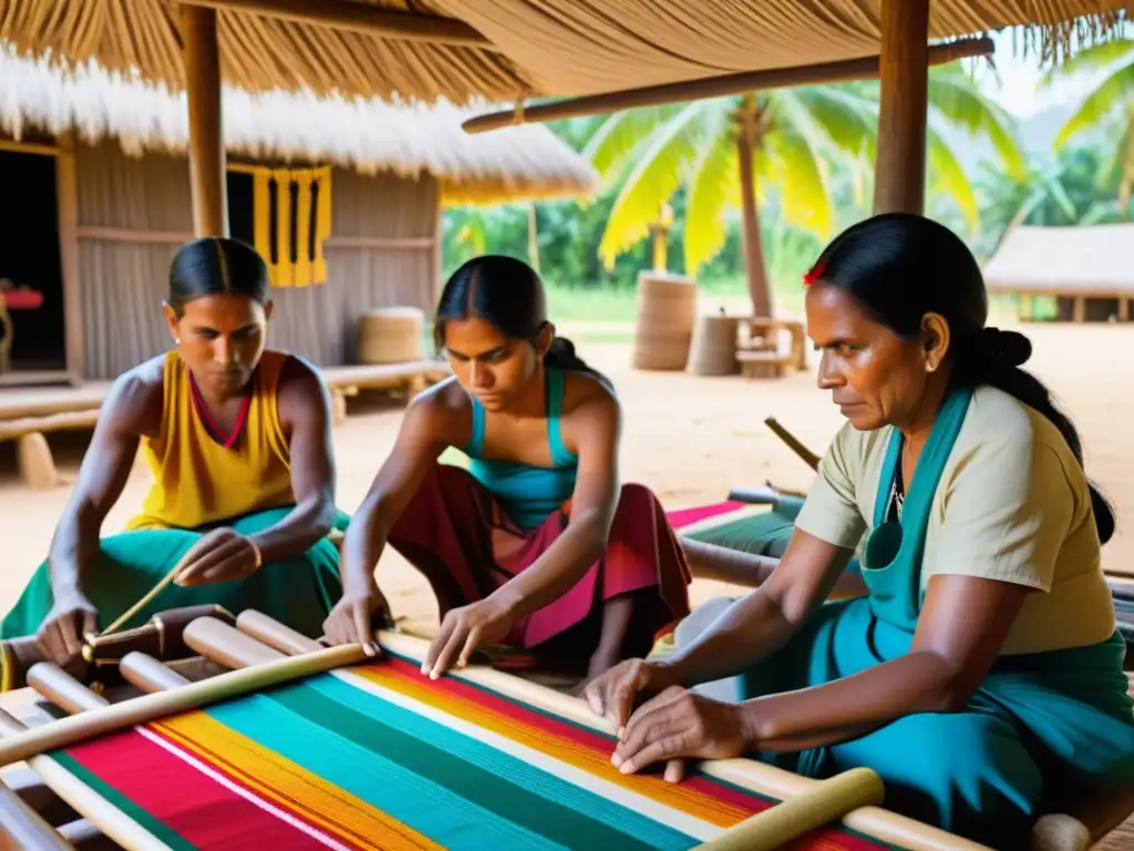 Artesanos indígenas tejiendo textiles coloridos bajo palmeras, mostrando autenticidad cultural en un mercado de moda étnica