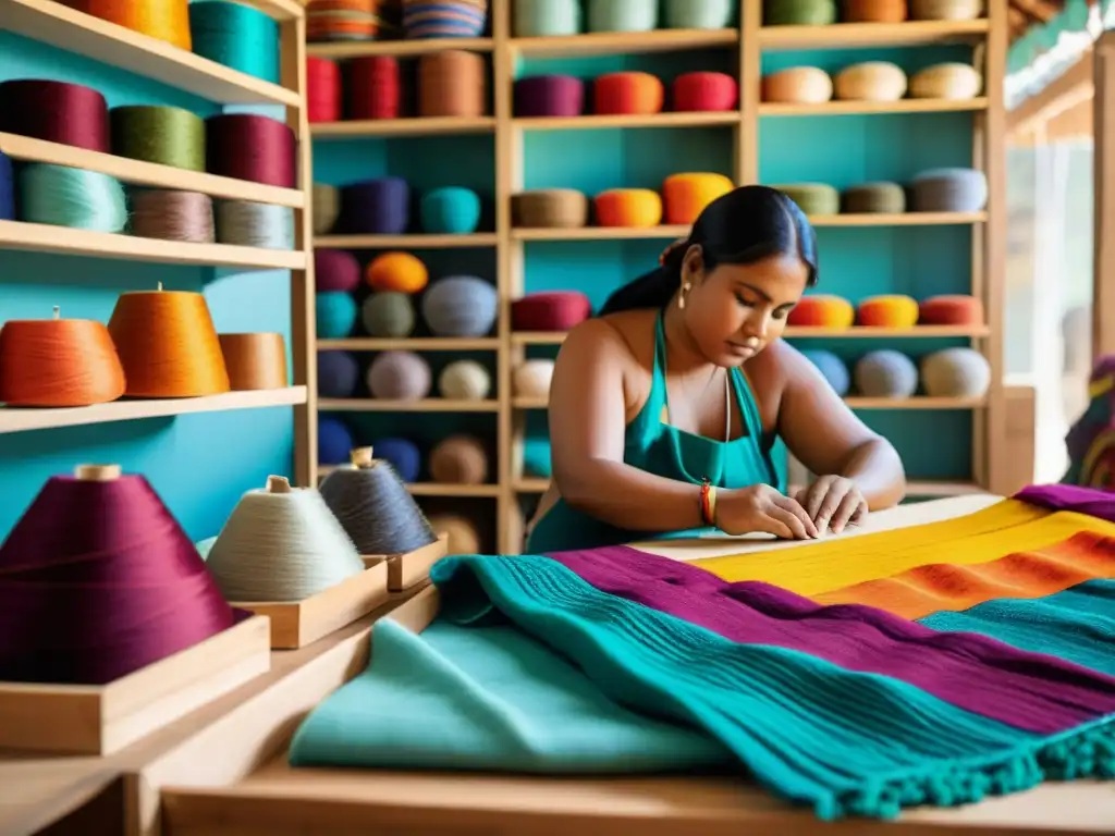 Artesanos indígenas creando textiles tradicionales con hilos coloridos y patrones intrincados en un taller luminoso