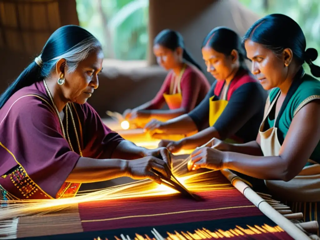 Artesanos indígenas creando textiles tradicionales con tintes naturales y técnicas ancestrales en una exposición de arte étnico ancestral