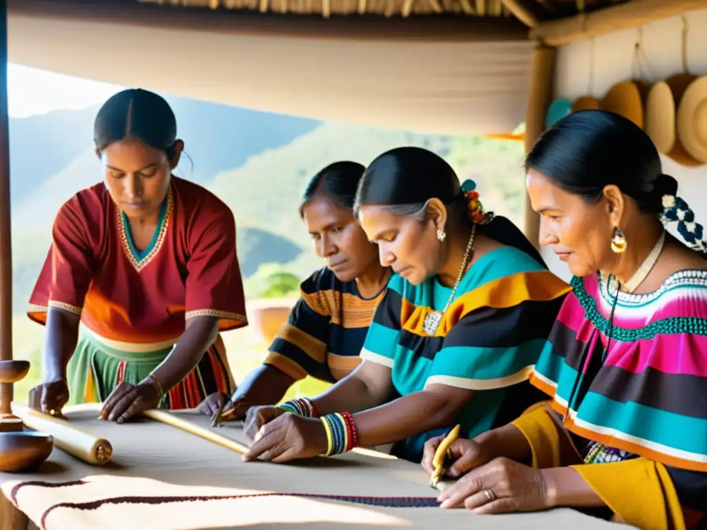 Artesanos indígenas creando textiles vibrantes con tintes naturales y herramientas tradicionales