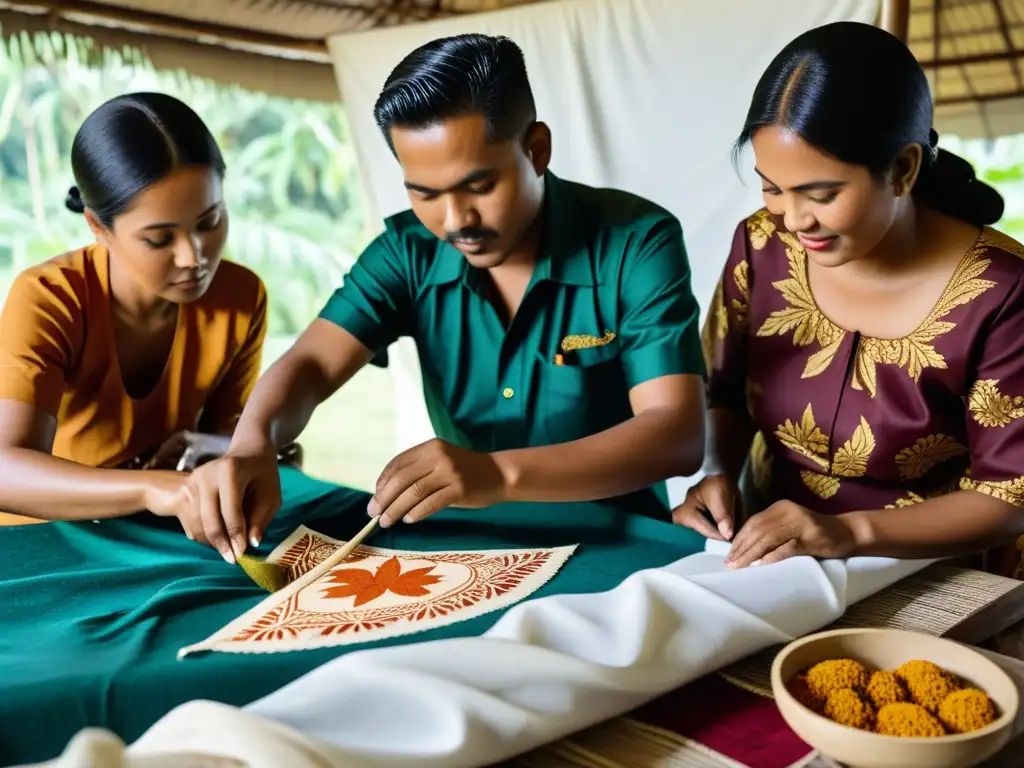 Artesanos indonesios aplicando cera caliente y tintes vibrantes a tela blanca, destacando el origen y significado del batik