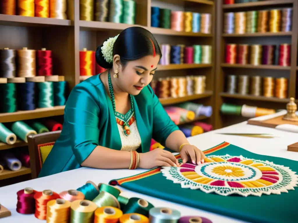 Artesanos cosiendo a mano hermosos bordados en una prenda tradicional, rodeados de hilos de colores y bocetos