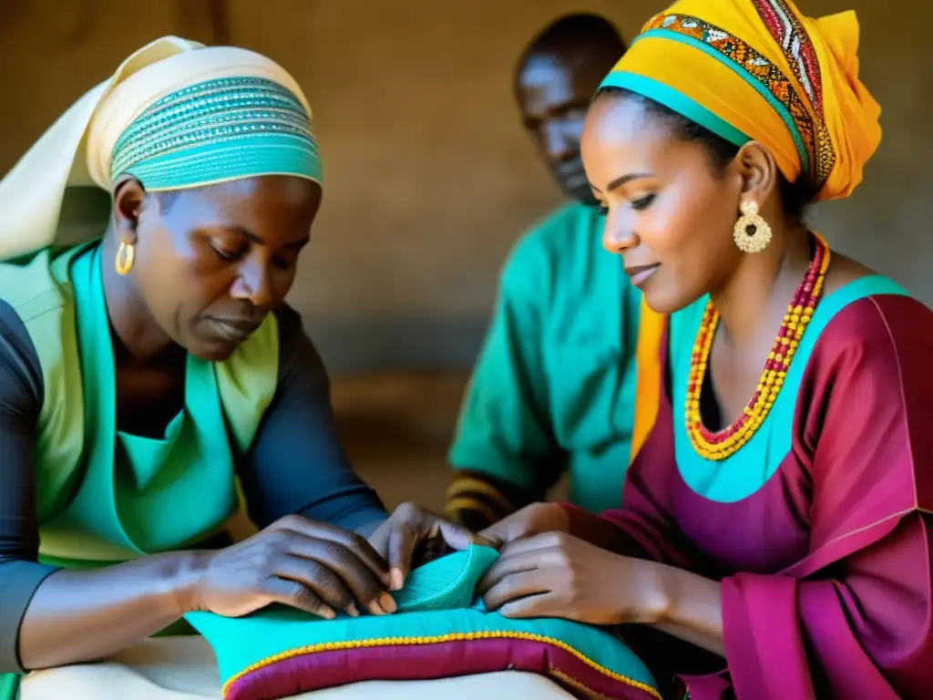 Artesanos del norte de África creando Djellabas tradicionales con bordados y tejidos vibrantes, reflejando la artesanía y la herencia cultural