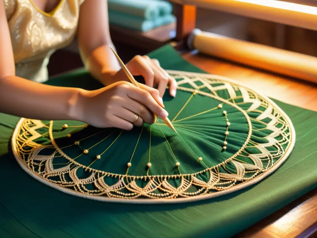 Artesanos expertos bordando a mano en tela de lujo Artesanos cosiendo patrones en tela de alta costura con técnicas ancestrales, en una escena cautivadora iluminada por luz natural