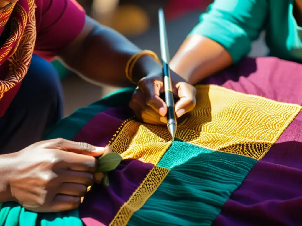 Artesanos cosiendo patrones en vibrante tela en mercado de moda étnica, transmitiendo autenticidad y tradición