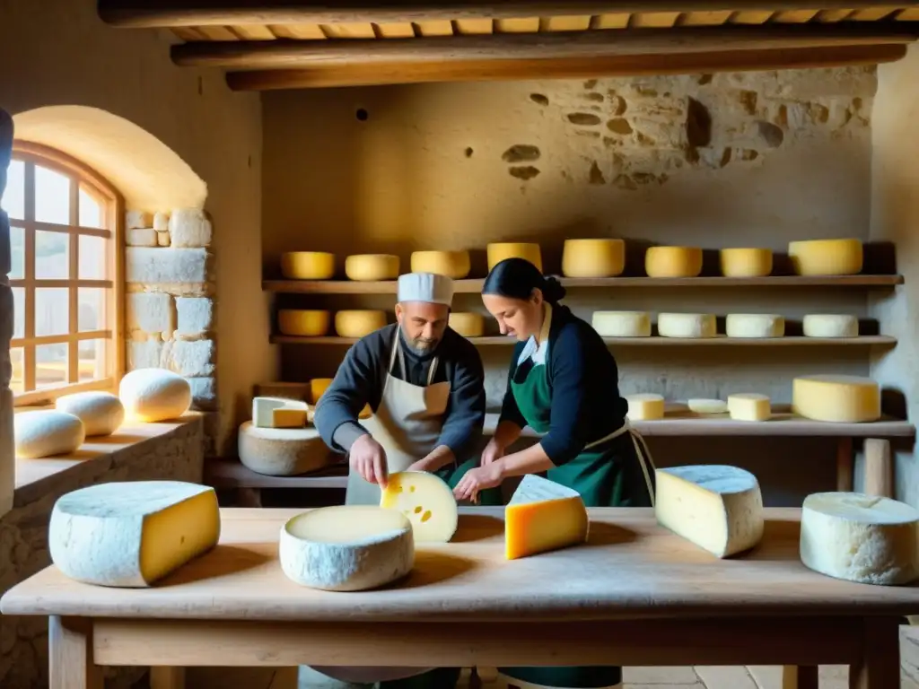 Artesanos en una quesería tradicional, creando quesos con técnicas ancestrales