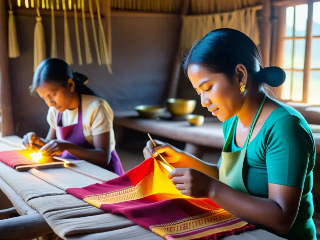 Artesanos de un remoto pueblo crean textiles coloridos usando técnicas tradicionales, iluminados por el cálido sol