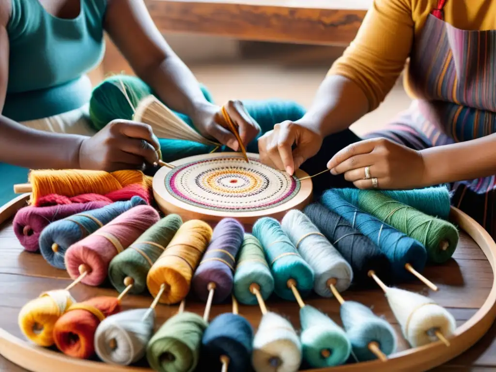 Artesanos tejiendo en taller textil, rodeados de coloridos hilos