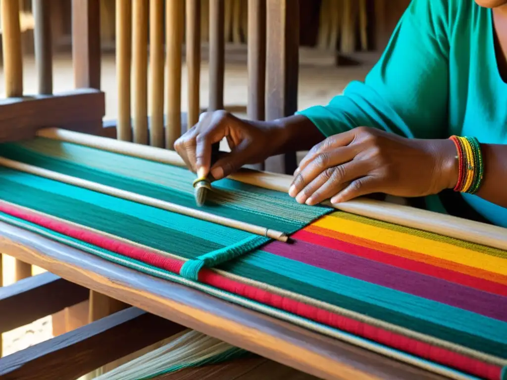 Artesanos creando telas tradicionales con detalle y color en telares antiguos, resaltando la moda sostenible