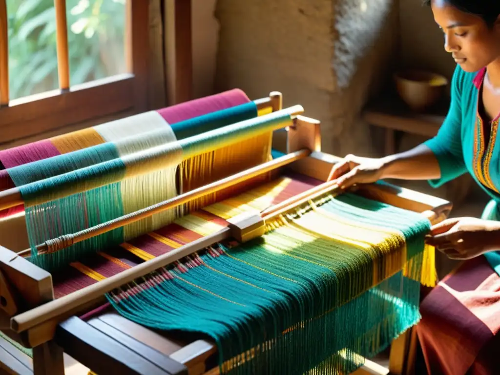 Artesanos tejen telas tradicionales con tintes naturales en un telar de madera, resaltando la moda sostenible y la rica herencia cultural