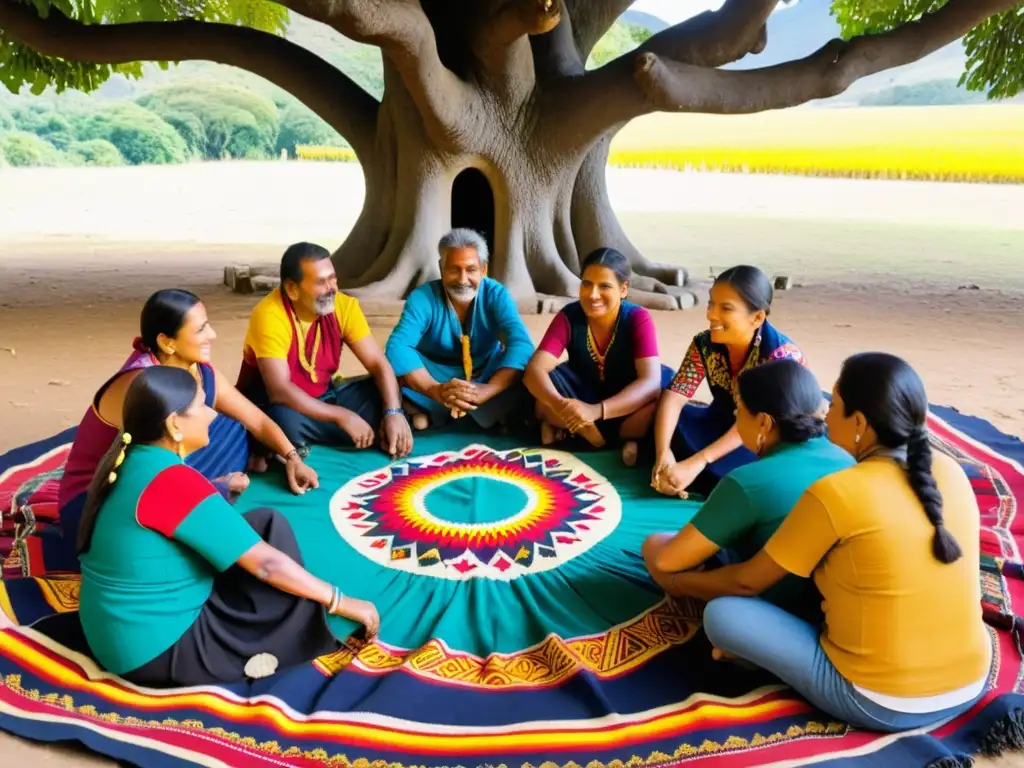 Artesanos creando textiles tradicionales bajo un árbol