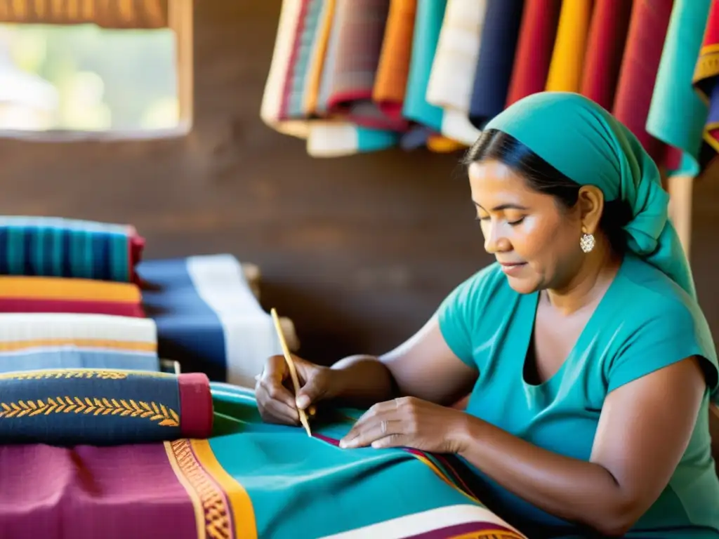 Artesanos cosiendo textiles tradicionales en un bullicioso mercado, reflejando la autenticidad y tradición de la moda étnica