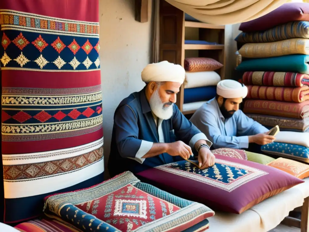 Artesanos crean textiles tradicionales en mercado de Medio Oriente, reflejando ricas tradiciones de vestimenta en la región