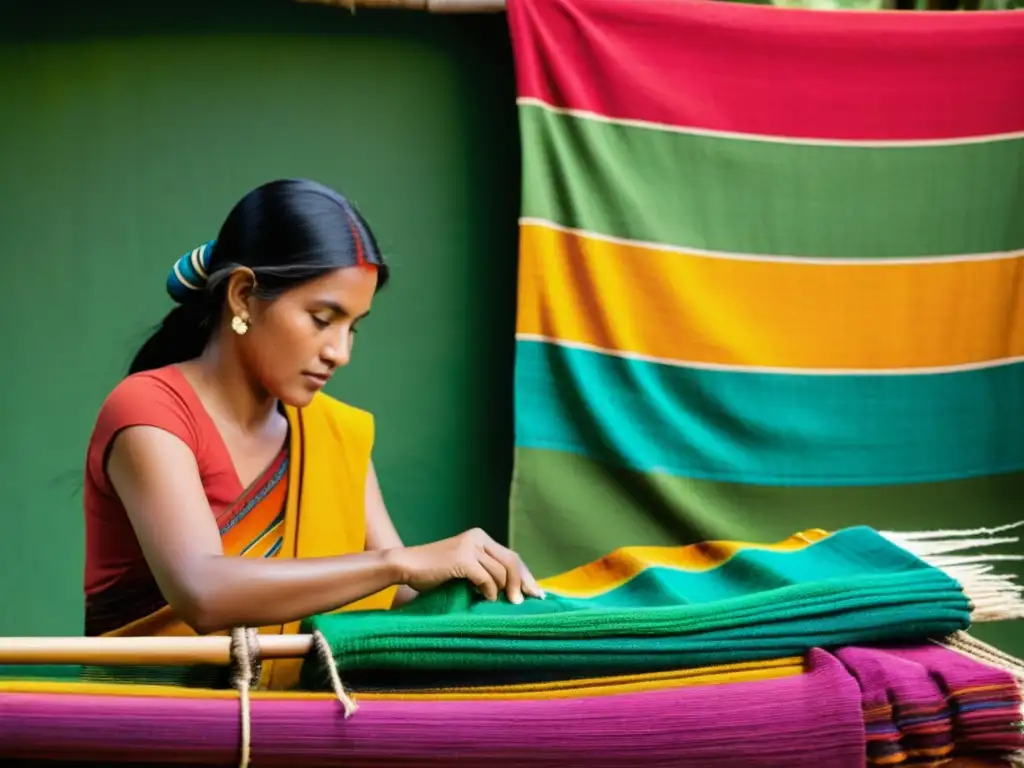 Artesanos tejen textiles tradicionales en paisaje verde