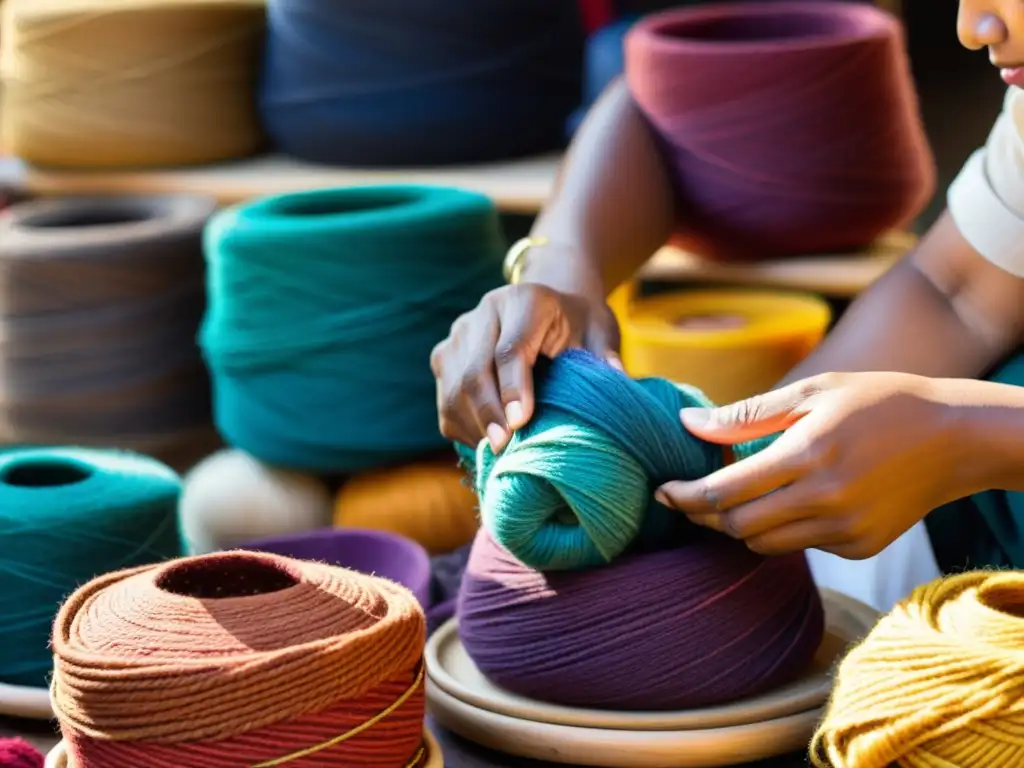 Artesanos crean textiles tradicionales con tintes naturales en un bullicioso mercado de moda étnica, capturando la autenticidad y la herencia cultural