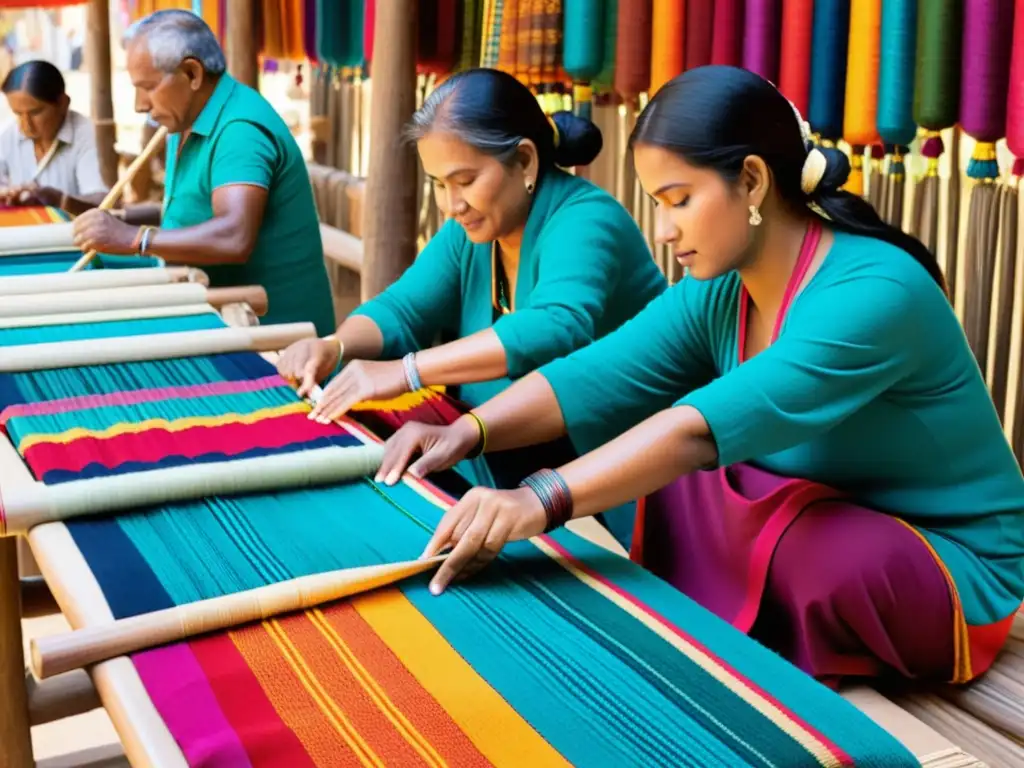 Artesanos tejiendo textiles vibrantes en un bullicioso mercado, capturando la esencia del comercio justo transformando estilo étnico