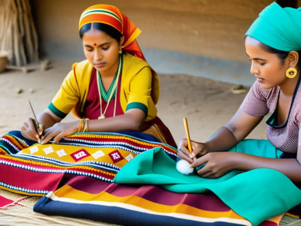 Artesanos en trajes tradicionales crean textiles coloridos con métodos ancestrales