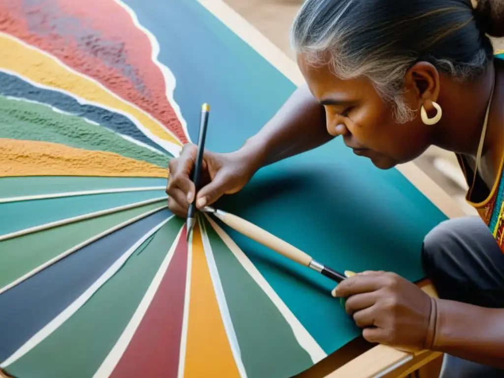 Un artista aborigen contemporáneo crea una obra vibrante utilizando técnicas tradicionales y materiales, rodeado de pigmentos y herramientas coloridas