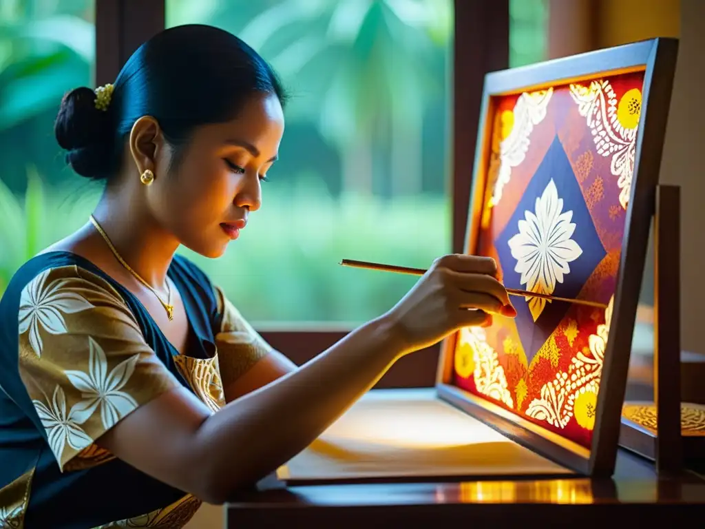 Artista del batik aplicando cera a tela vibrante, con patrones indonesios tomando forma