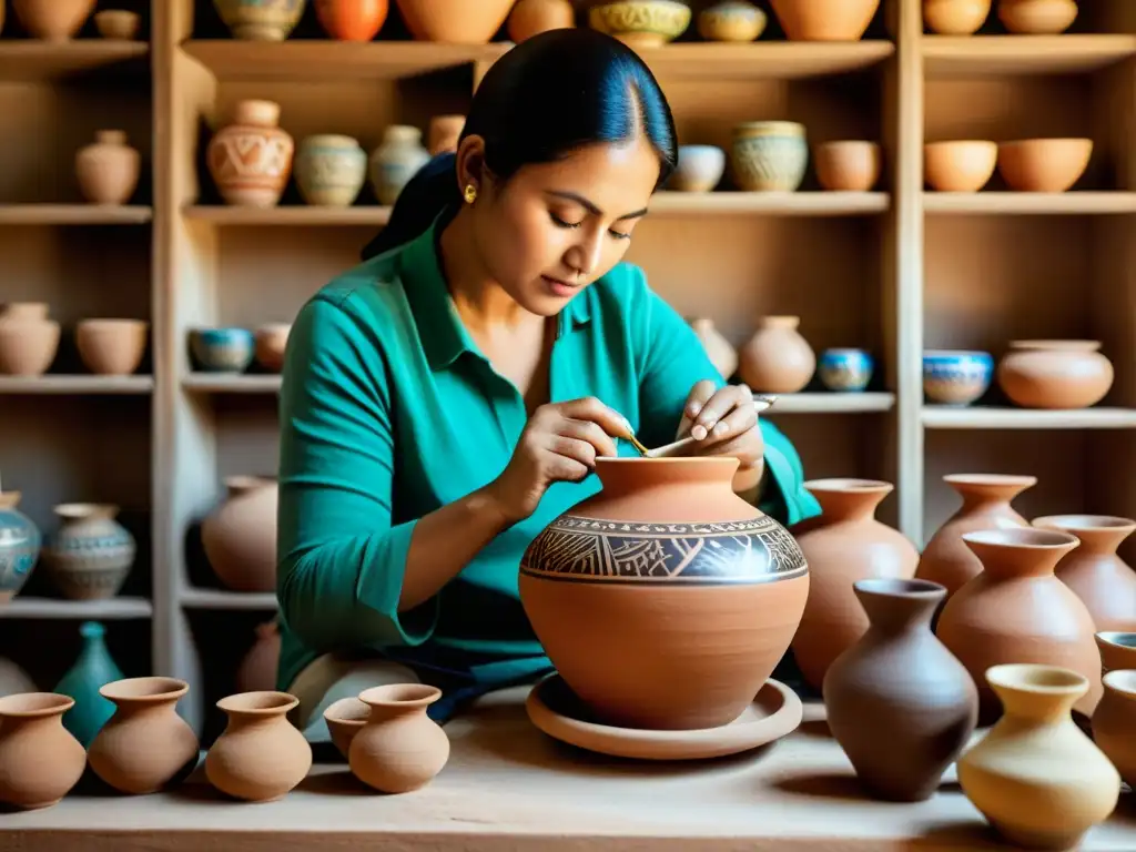 Artista cerámica Khakas pintando patrones tradicionales con meticulosidad, en estudio iluminado por la luz del sol