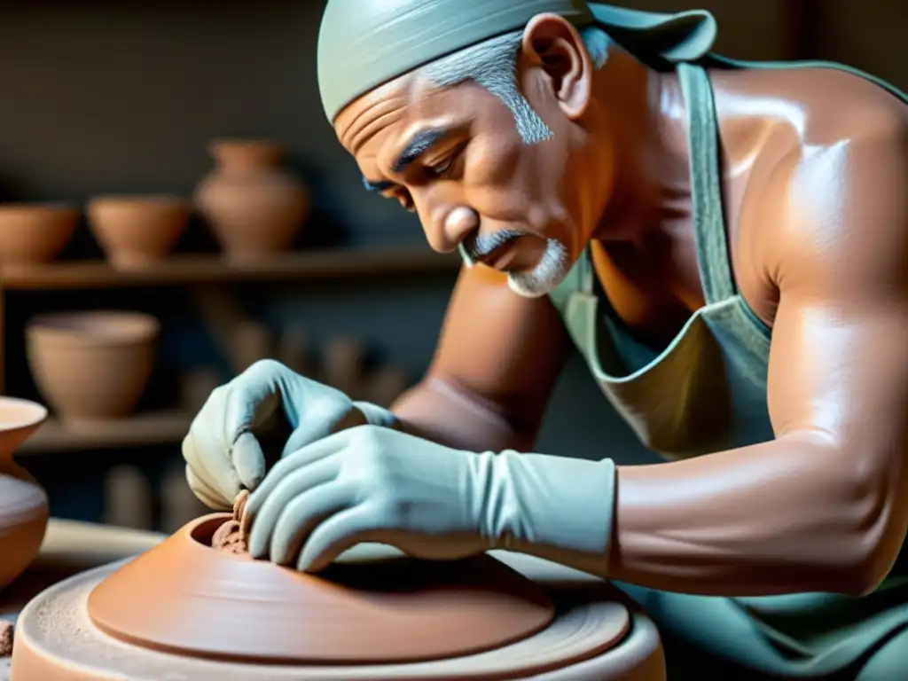 Arte en barro: artesano moldea una escultura tradicional con maestría Un artista de cerámica tradicional moldea una escultura figurativa con destreza en su taller, evocando reverencia por el arte