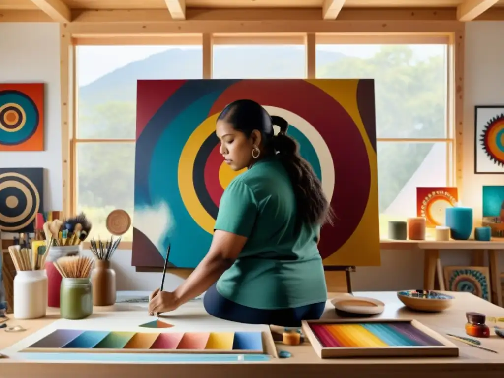 Artista étnico contemporáneo pintando una obra impactante en su estudio, rodeado de herramientas y suministros de arte, con determinación y pasión