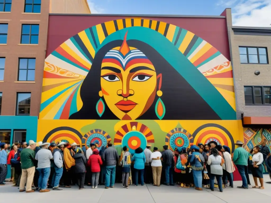 Artista étnico contemporáneo creando obra impactante en mural urbano, cautivando a diversos espectadores