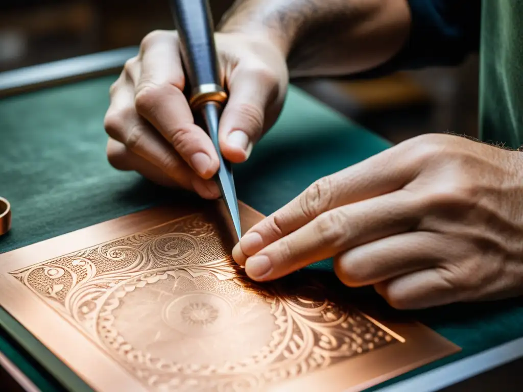 Un artista experto graba meticulosamente detalles en una placa de cobre, mostrando el proceso preciso de coleccionar grabados históricos originales