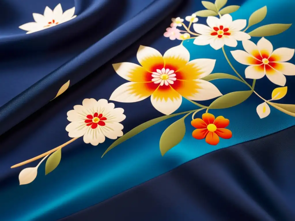 Un artista experto pinta a mano un kimono de seda indigo con diseños florales intrincados, destacando la artesanía japonesa