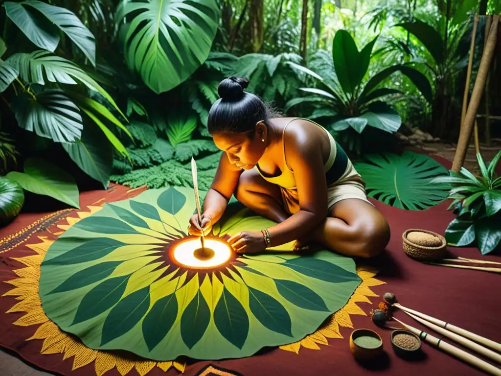 Un artista indígena pinta con pigmentos naturales en la selva, capturando la esencia de la naturaleza y el arte étnico