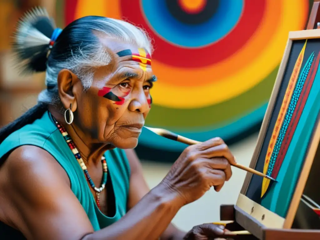 Artista indígena pintando retrato vibrante de anciano tribal, inmerso en sus raíces culturales y arte étnico