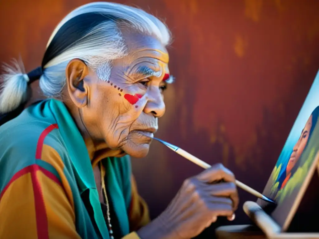 Un artista indígena pintando con precisión y reverencia un retrato vibrante de un anciano, inmerso en arte étnico retratos tradiciones culturales