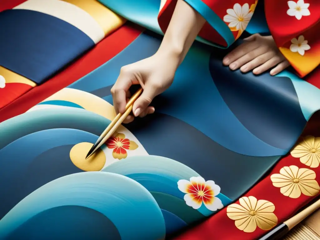 Un artista japonés pinta a mano un kimono tradicional con colores vibrantes y detalles intrincados, mostrando el significado del kimono en Japón