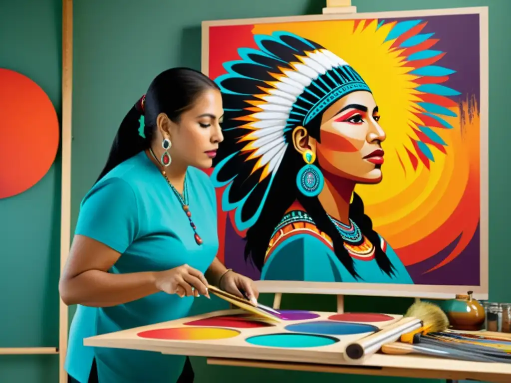 Artista nativo americano pintando un lienzo con colores vibrantes y patrones intrincados, fusionando la evolución del arte pictórico nativo americano con innovación y herencia cultural