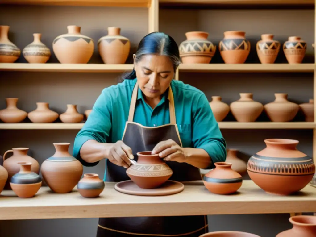 Un artista nativo americano elabora una pieza de cerámica tradicional, rodeado de herramientas y luz cálida